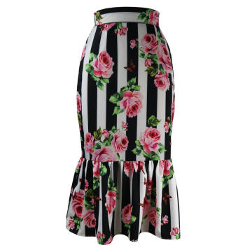 Womens Ruffles Pencil Skirt with Retro Printed Stripe Floral Tight Zipper Female Summer Elegant Jupe Midi Saias faldas Work Wear